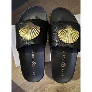 Katy Perry The Pool Slide Shell Black Sandals Women's Size 6 Gold Accent